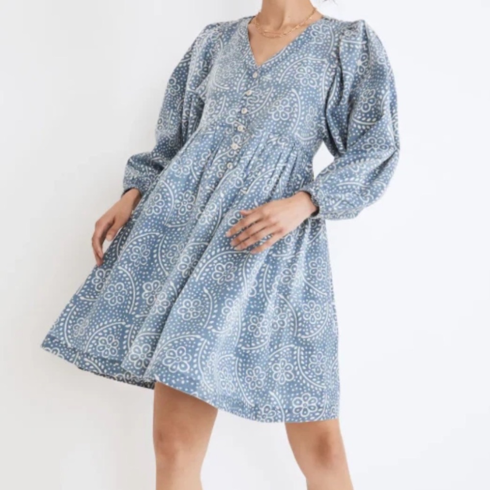 Madewell Bubble Sleeve Button Front Midi Dress Size Medium Peasant With Pockets